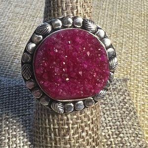 New Pink Druzy Crystal Stone Silver Overlay Ring Size 9.25